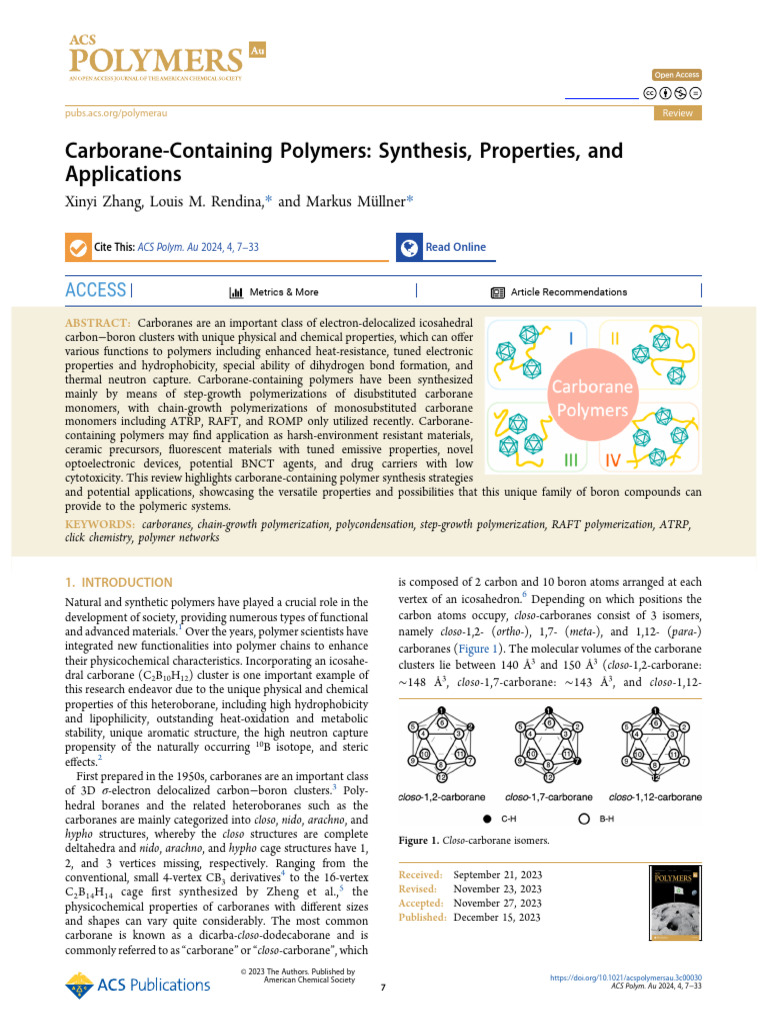 Zhang Et Al 2023 Carborane Containing Polymers Synthesis Properties and ...