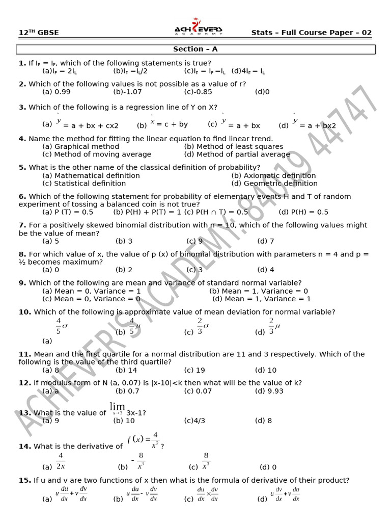 12th Grade Statistics Exam Questions | PDF | Variance | Mean