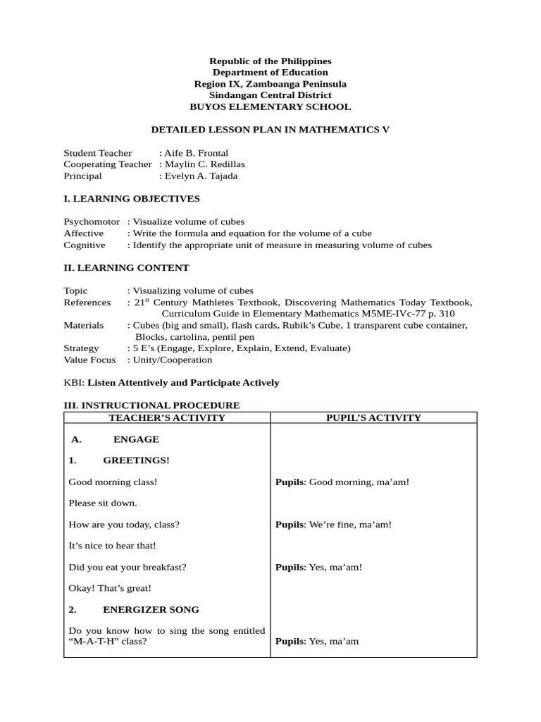 Detailed Lesson Plan in Math 5 | PDF | Volume | Length