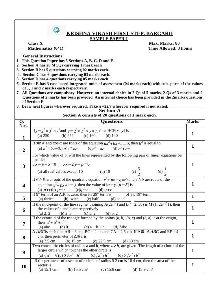 Class X Mathematics Sample Paper | PDF