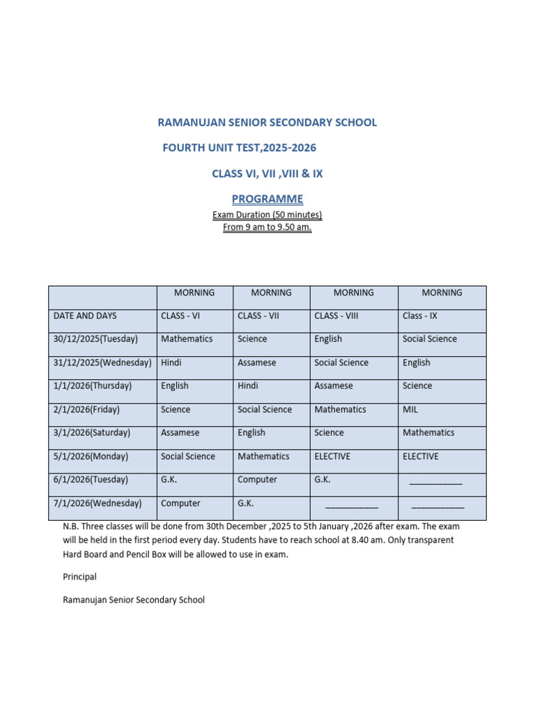 Ramanujan School Unit Test Schedule 2025 | PDF