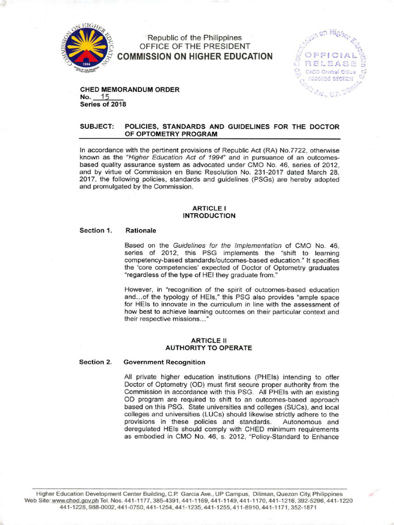CMO No. 15 S. 2018 Policies Standards and Guidelines For The Doctor of ...