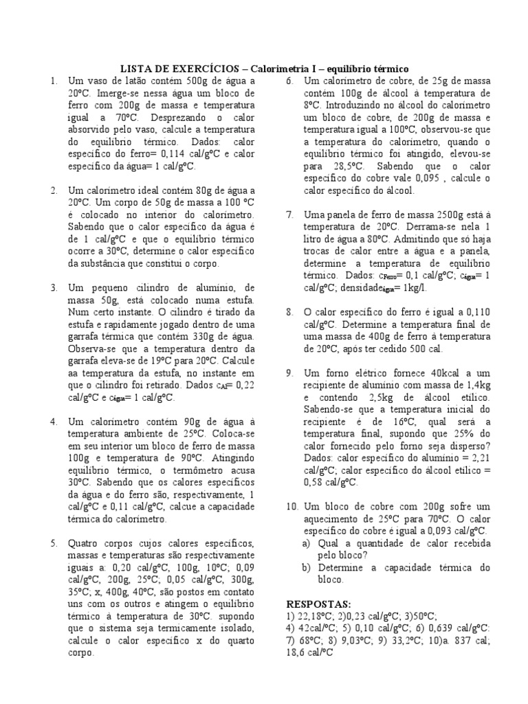 LISTA DE EXERCÍCIOS - Calorimetria I | PDF | Capacidade térmica | Calor
