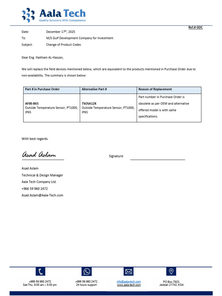 Letter for Product Codes Change, GDC, Honeywell BMS, TAR-4172 | PDF