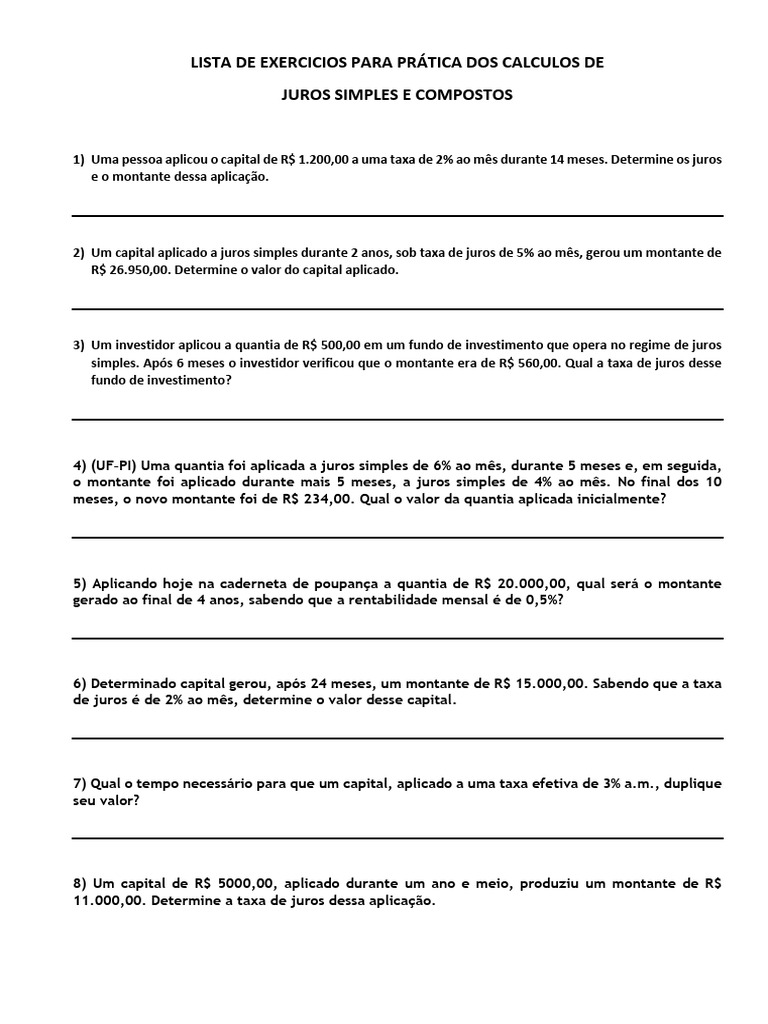 Exercícios de Juros Simples e Compostos | PDF | Juros | Investimentos
