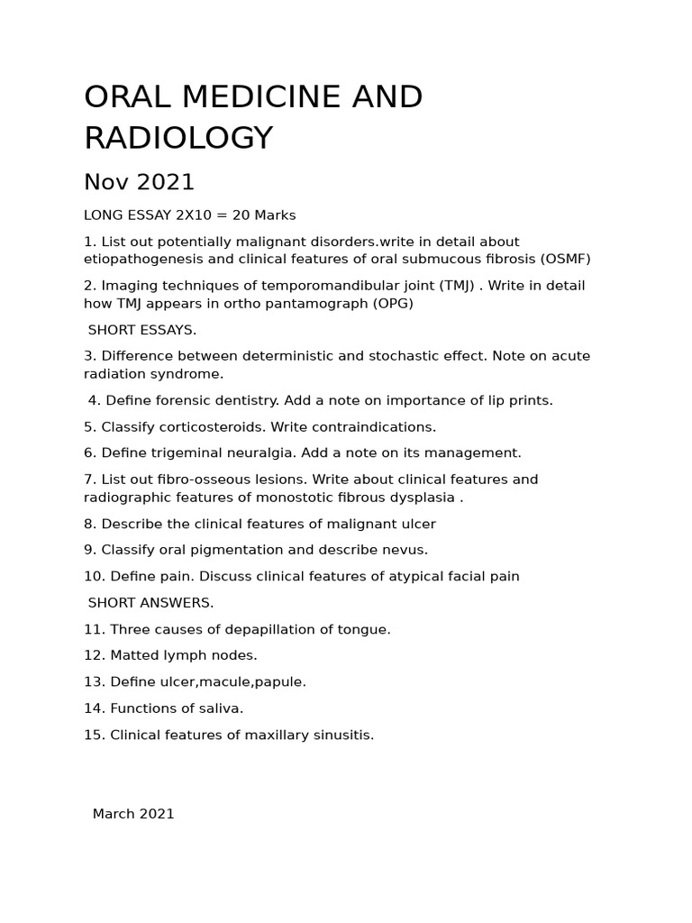 Oral Medicine and Radiology Exam Topics | PDF | Radiography | Radiology