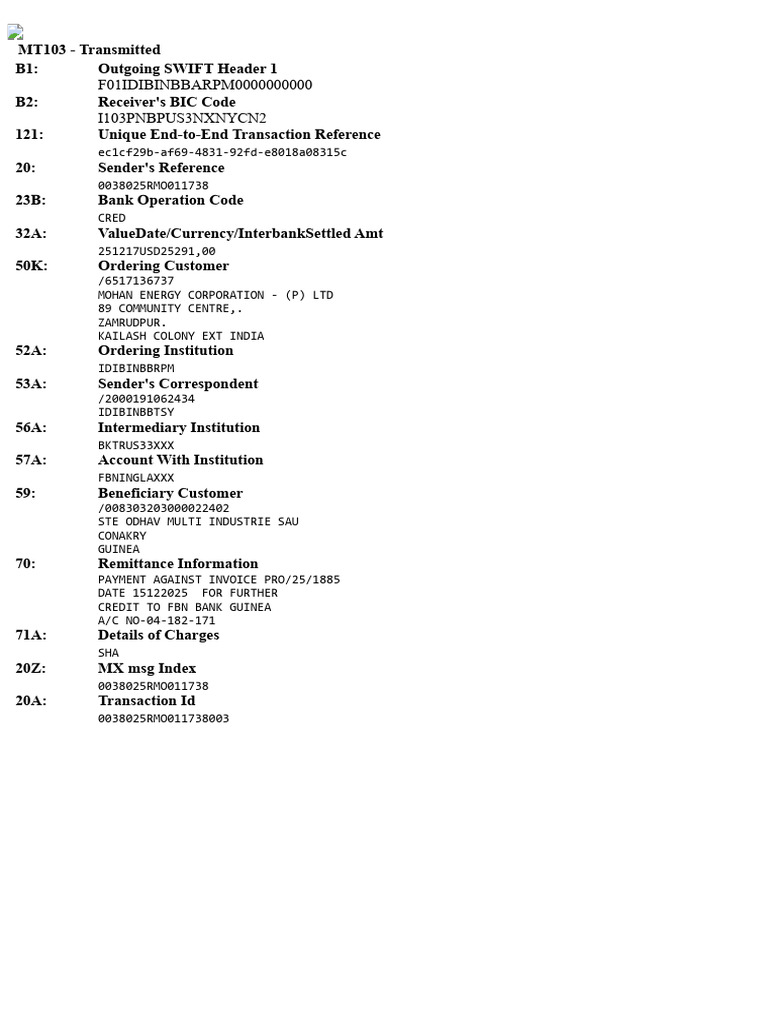 MT103 SWIFT Payment Transaction Details | PDF