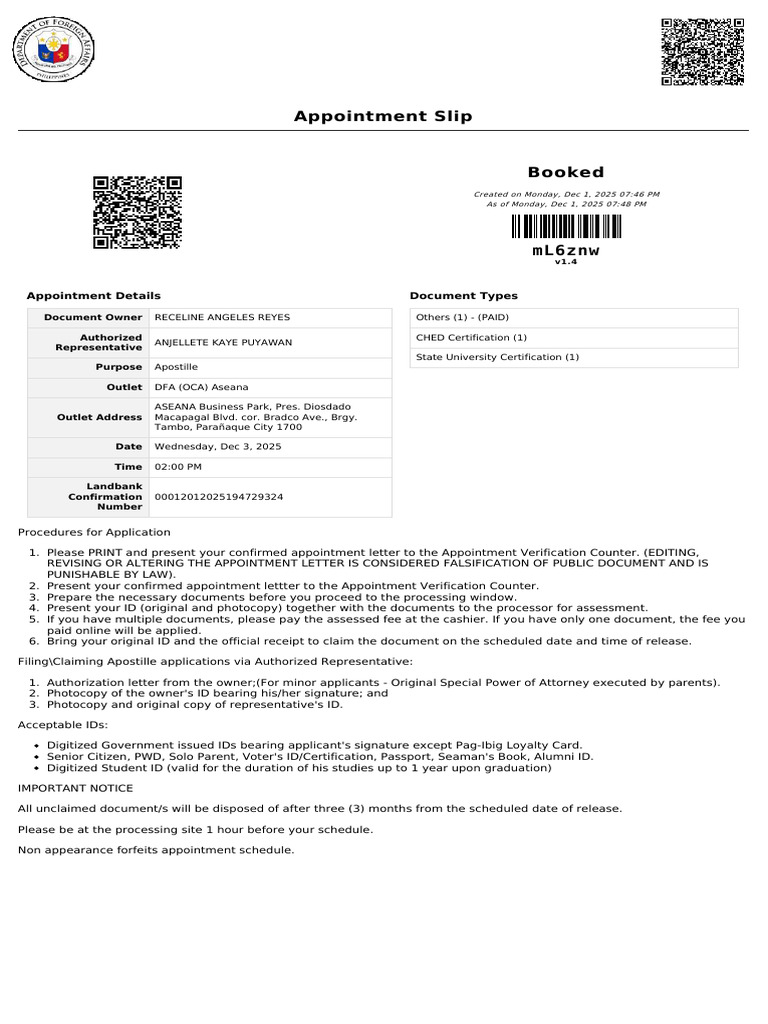 Apostille Appointment Confirmation Slip | PDF | Identity Document