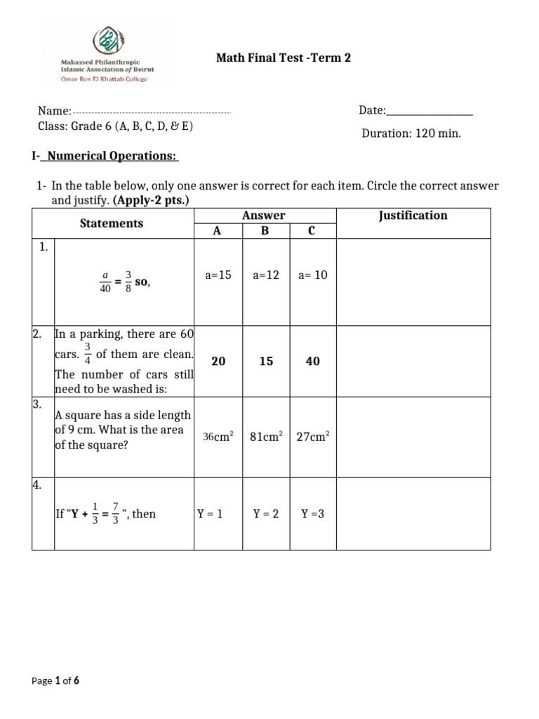 Math Final Exam - Term 2 - Grade 6 | PDF | Triangle | Rectangle
