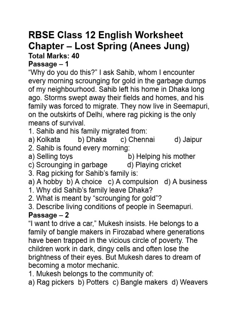 RBSE Class 12 Lost Spring Worksheet | PDF