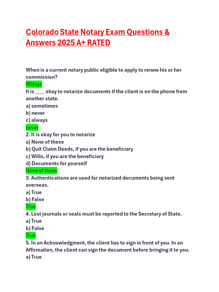 Colorado Notary Exam Q&A 2025 Guide | PDF | Notary Public | Practice Of Law