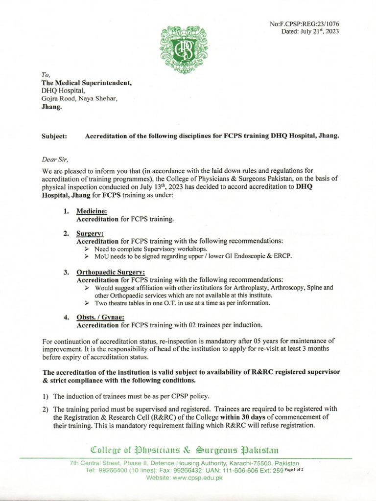 Accreditation Letter DHQ Hospital, Jhang (FCPS) | PDF