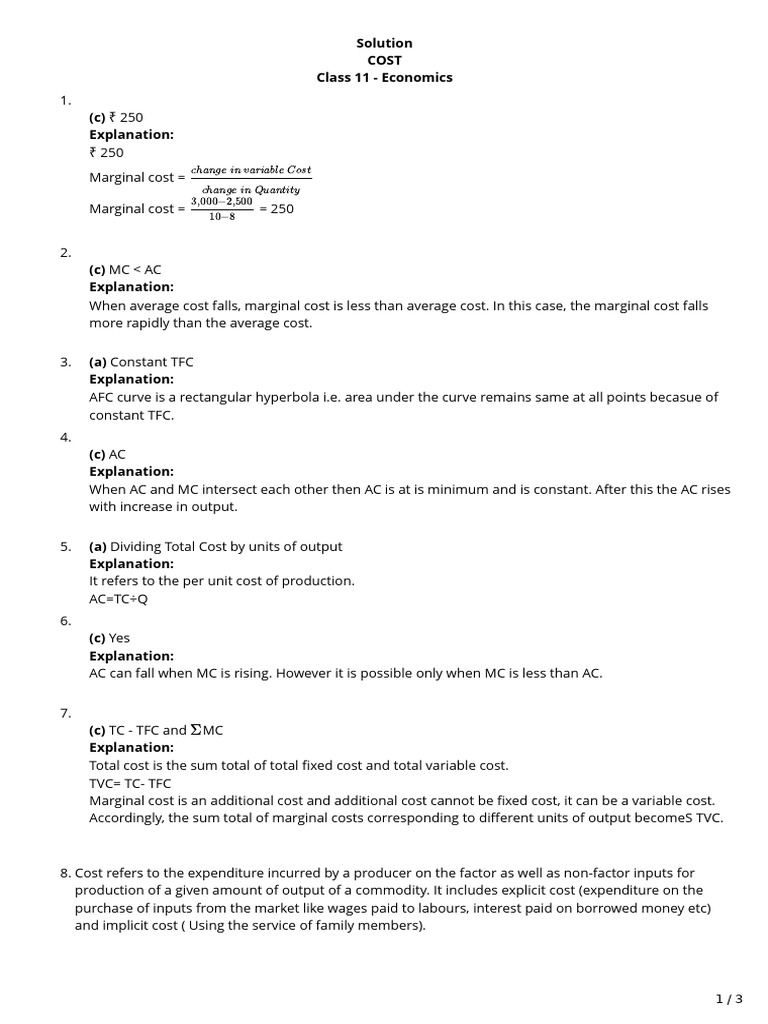Class 11 Economics: Cost Concepts Explained | PDF | Marginal Cost ...