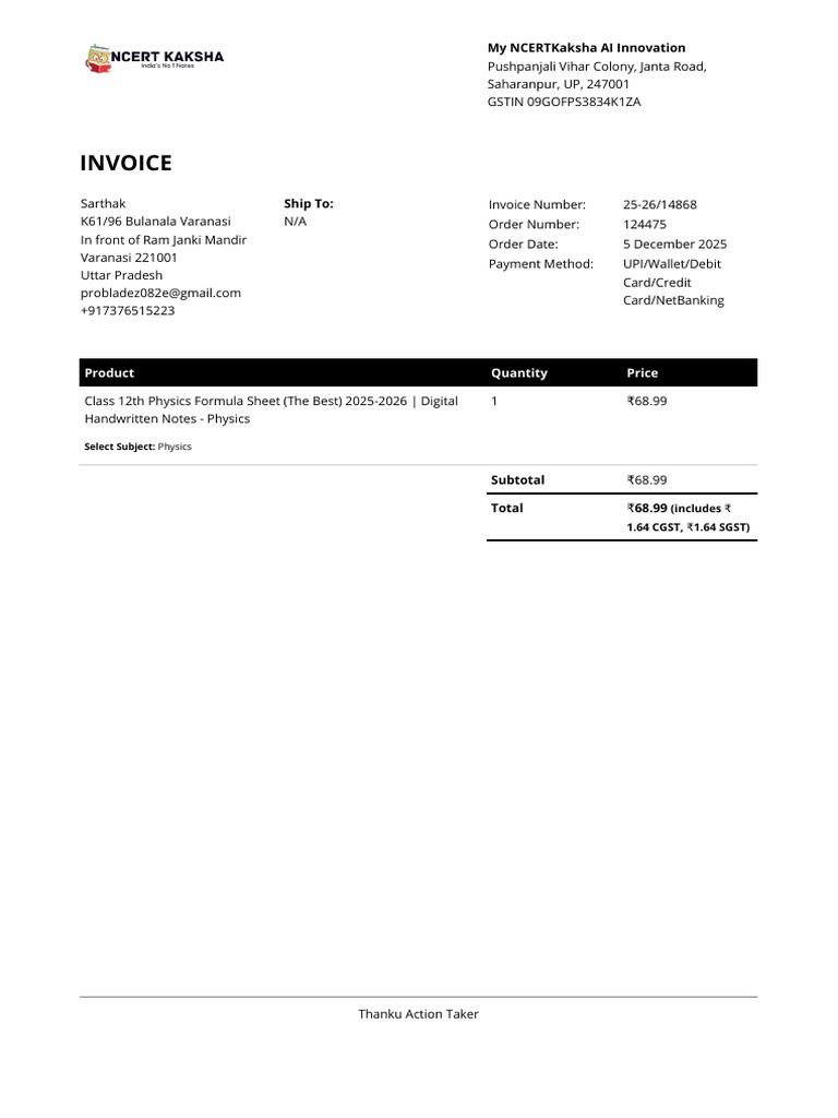 Class 12 Physics Formula Sheet Invoice | PDF
