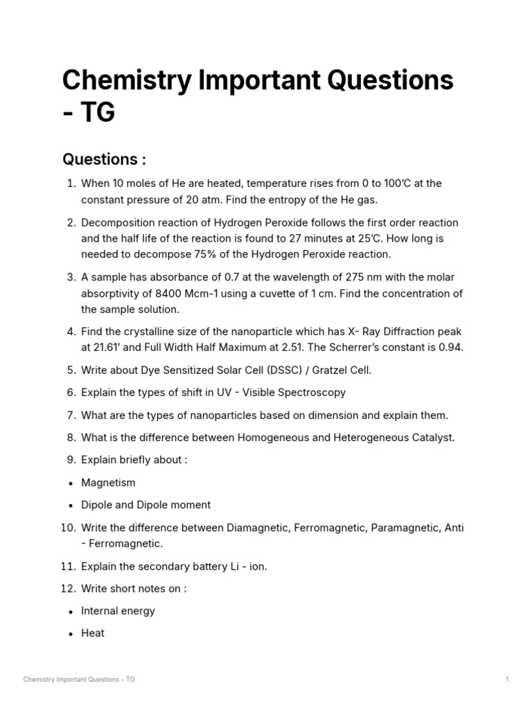 Key Chemistry Questions and Concepts | PDF | Magnetism | Ferromagnetism