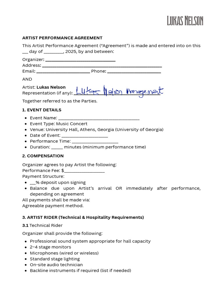 Artist Performance Agreement Template | PDF