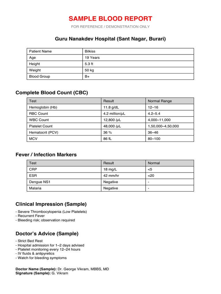 SAMPLE Blood Report Bilkiss Guru Nanakdev Hospital | PDF