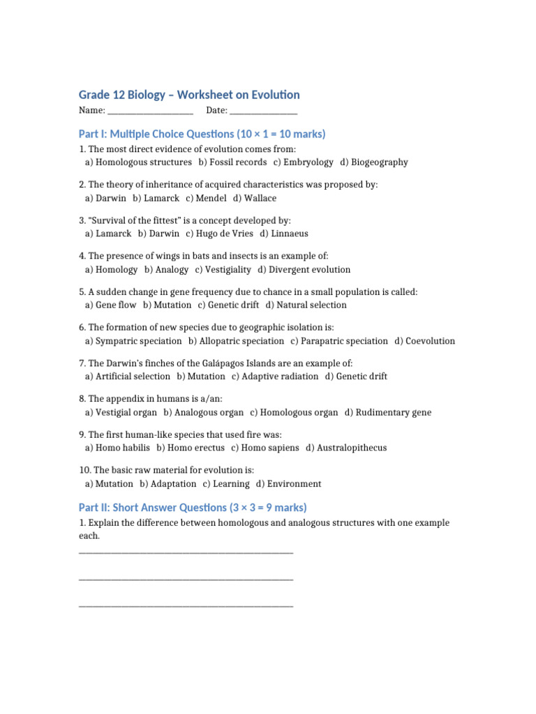Grade 12 Evolution Worksheet | PDF | Evolution | Natural Selection