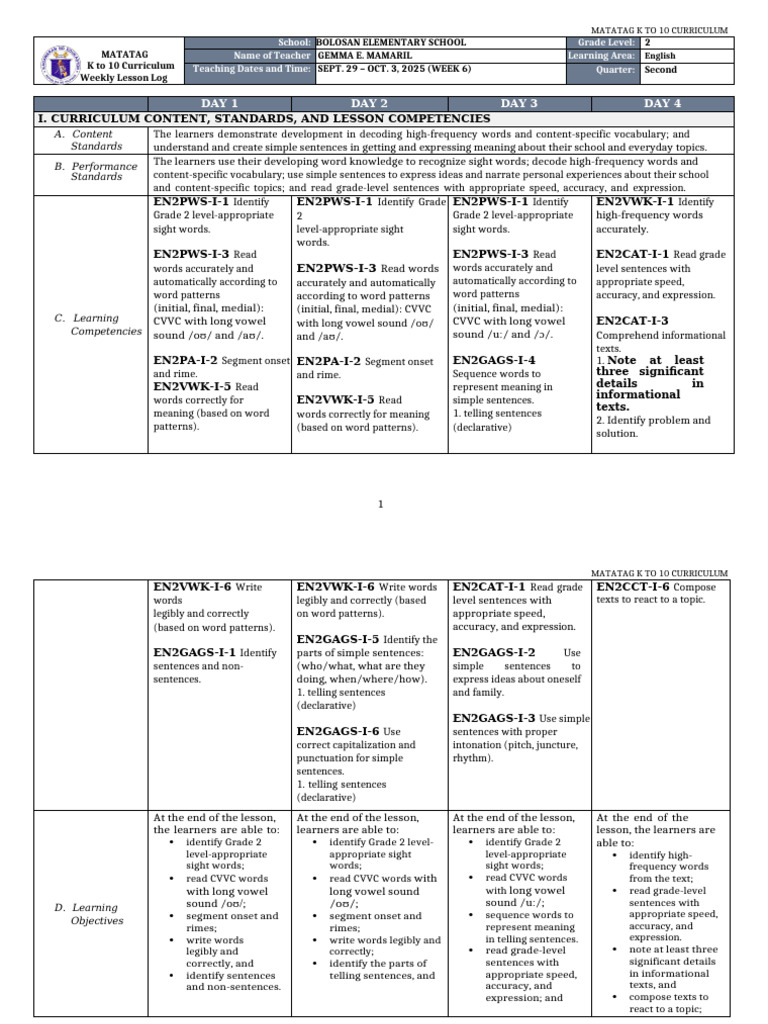 DLL Matatag - English 2 - Q2 - W6 | PDF | Syllable | Subject (Grammar)