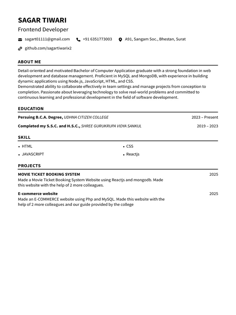 Frontend Developer Resume - Sagar Tiwari | PDF