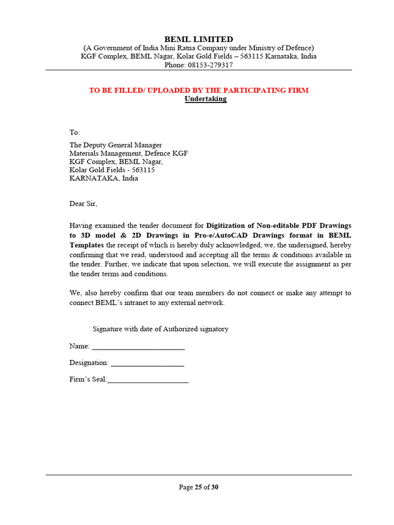 BEML Tender Undertaking Template | PDF