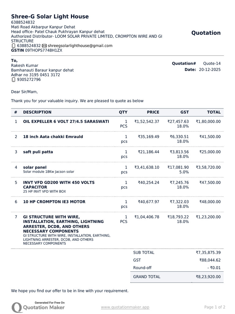 Quotation for Solar Equipment Purchase | PDF | Electricity | Electrical ...