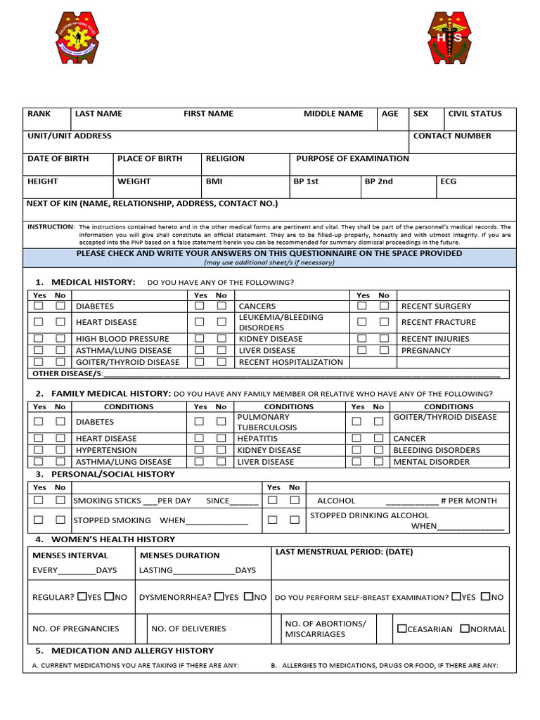 PFT Medical Evaluation Form CY 2025 | PDF | Menstruation ...