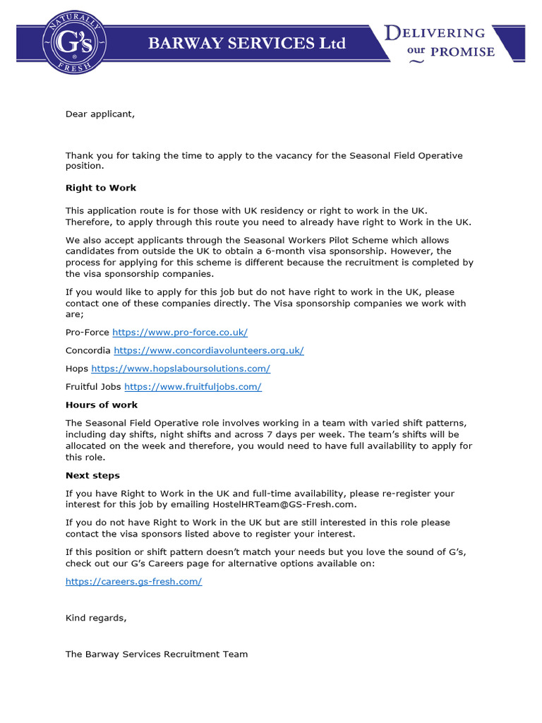 Seasonal Field Operative Job Application | PDF