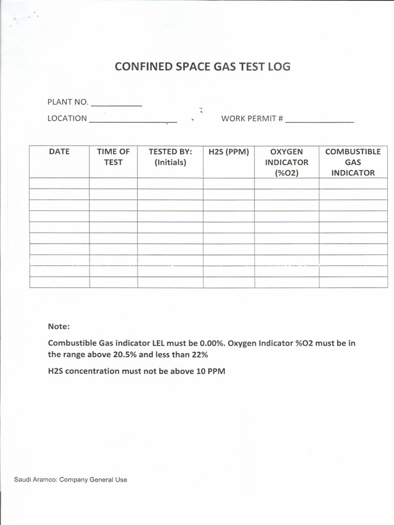 Confined Space Gas Test Log Sheet | PDF