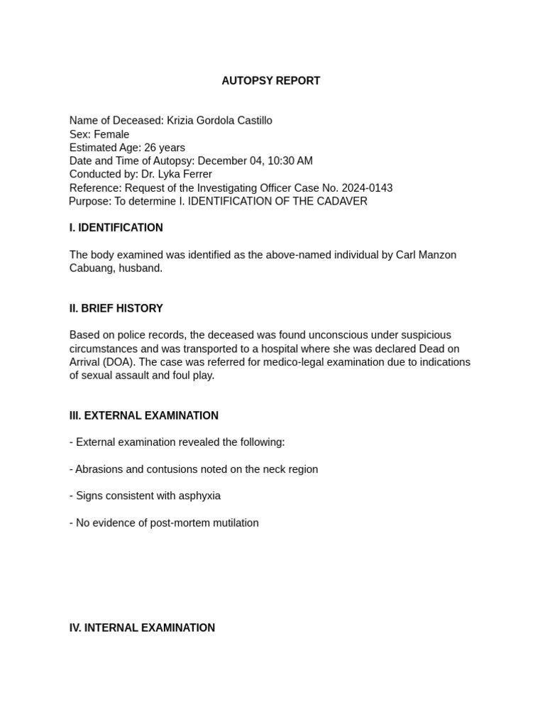 Autopsy Report: Krizia Gordola Castillo | PDF | Forensic Science | Autopsy