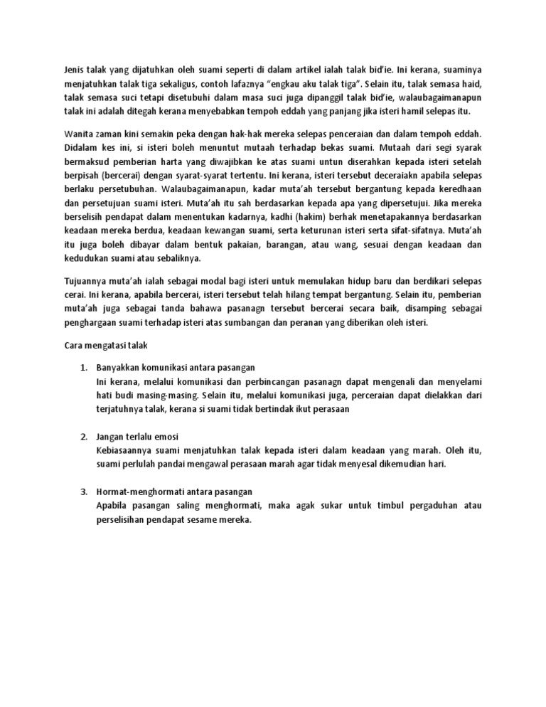 Jenis Talak Yang Dijatuhkan Oleh Suami Seperti Di Dalam Artikel Ialah Talak Bid Pdf