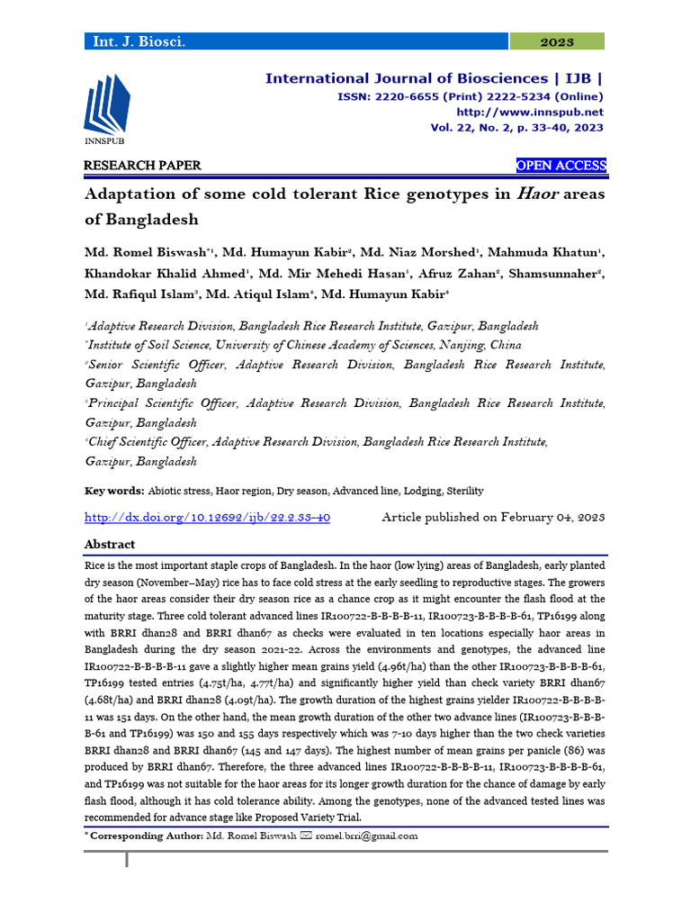 Adaptation of Some Cold Tolerant Rice Genotypes in Haor Areas | PDF ...