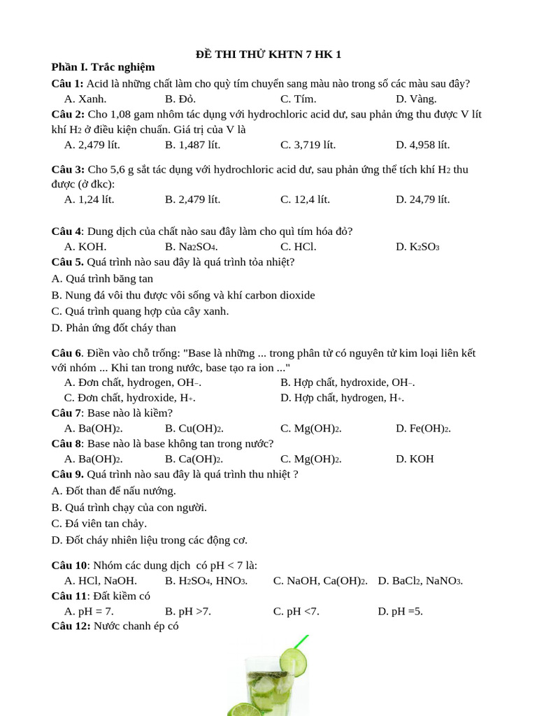 Đề Thi Thử Khtn 8 Hk 1 | PDF