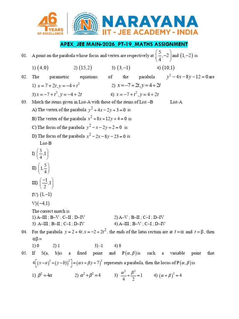 JEE Main 2026 Maths Assignment on Parabolas | PDF | Analytic Geometry ...