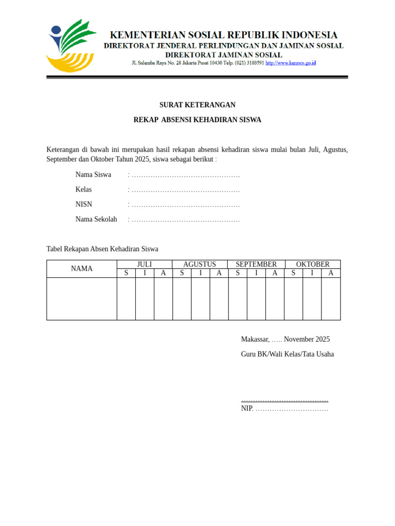 Rekap Absensi Siswa Juli-Oktober 2025 | PDF