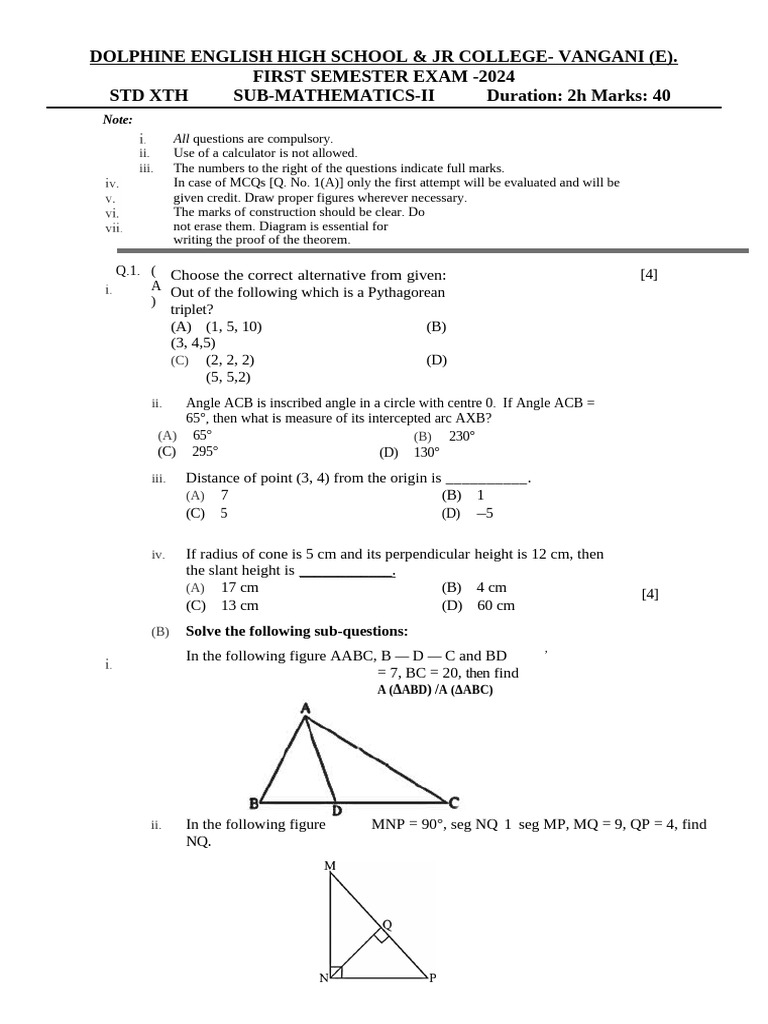 STD X Mathematics Exam Paper 2024 | PDF | Circle | Euclidean Geometry