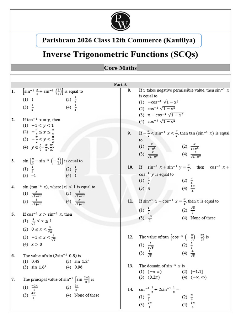 Inverse Trigonometric Functions SCQs - 20 Qs | PDF | Function ...