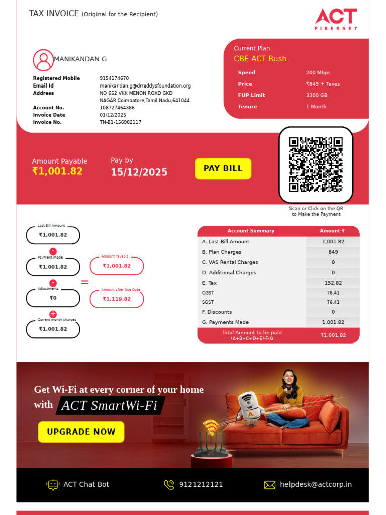 ACT Fibernet Invoice Summary - December 2025 | PDF | Payments | Invoice