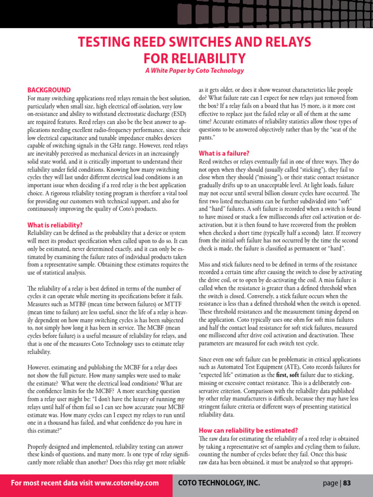 Reliability Testing of Reed Relays | PDF | Reliability Engineering | Relay
