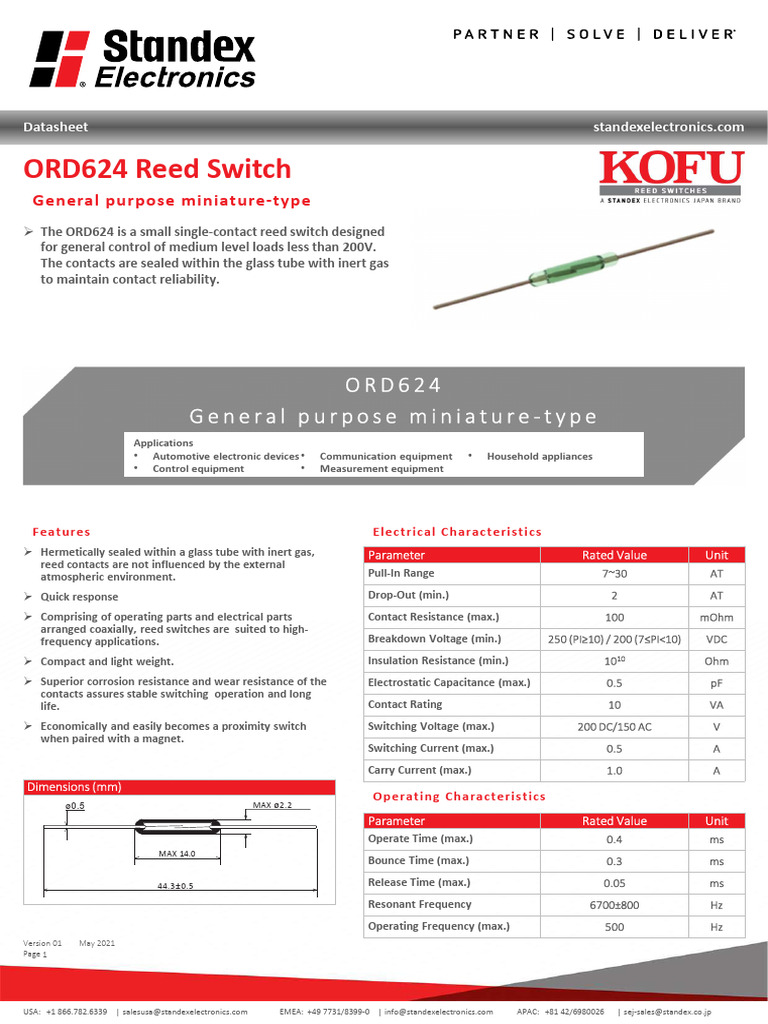 ORD624 Reed Switch Datasheet | PDF | Vacuum Tube | Electrical Equipment