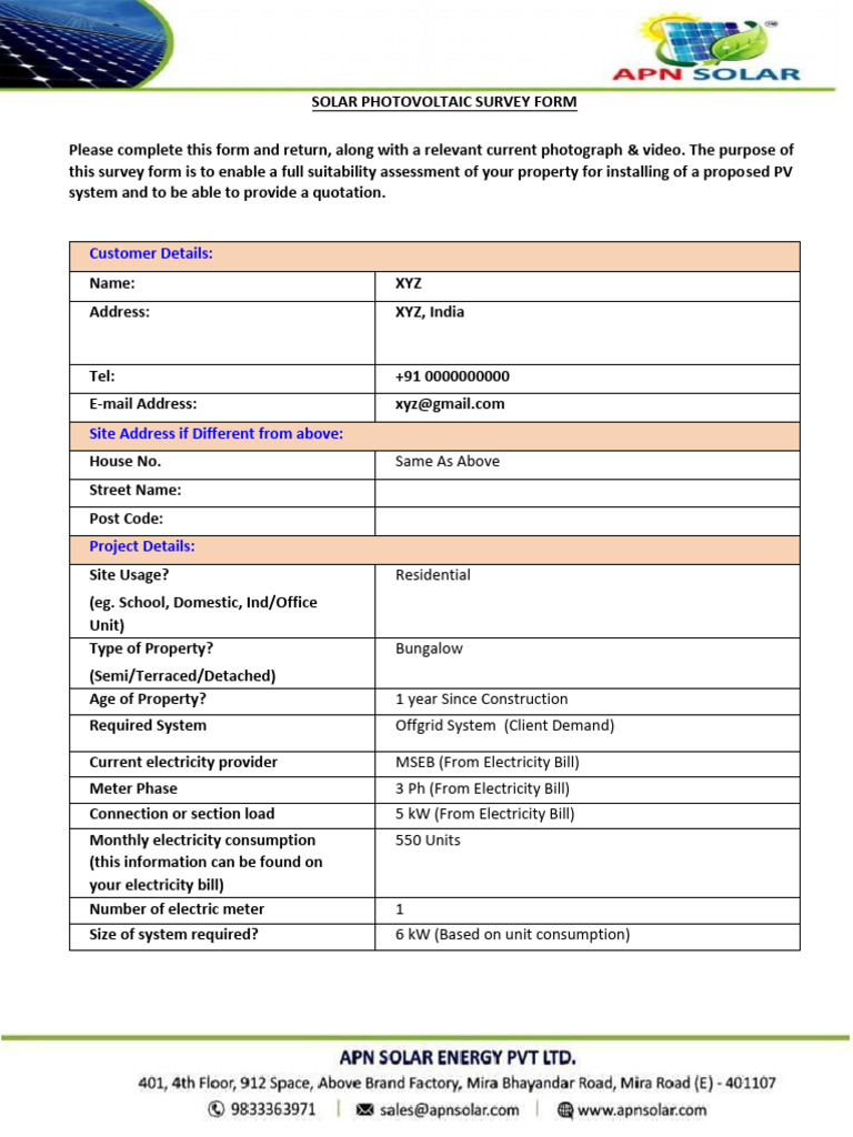Solar Site Survey Visit Form Sample | PDF | Photovoltaic System | Roof