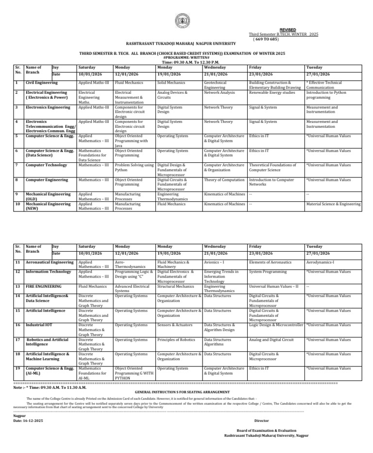 B.Tech Winter 2025 Exam Schedule | PDF | Engineering | Teaching Mathematics