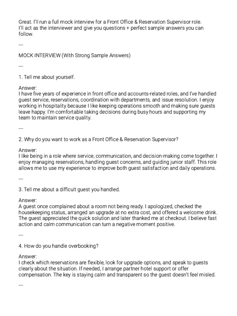 Mock Interview for Front Office Supervisor | PDF | Business