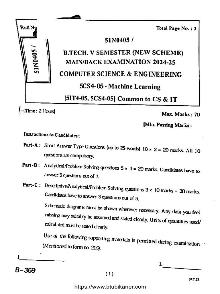 Btech Cs It 5 Sem Machine Learning 51n0405 2025 | PDF