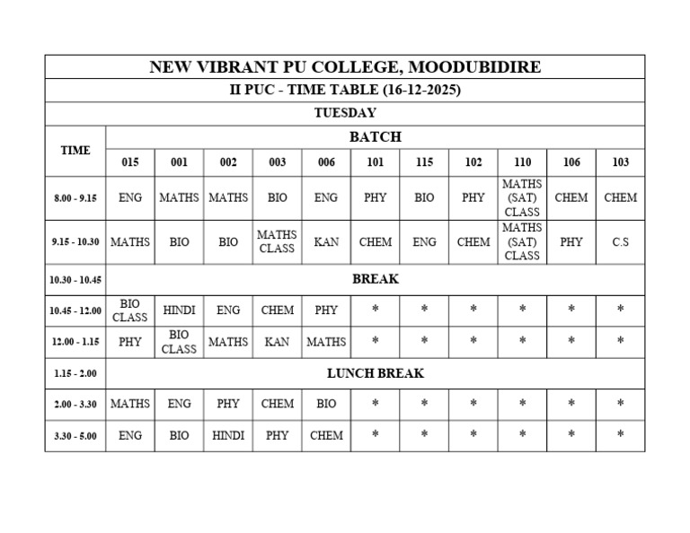 II PUC Time Table for 2025 | PDF