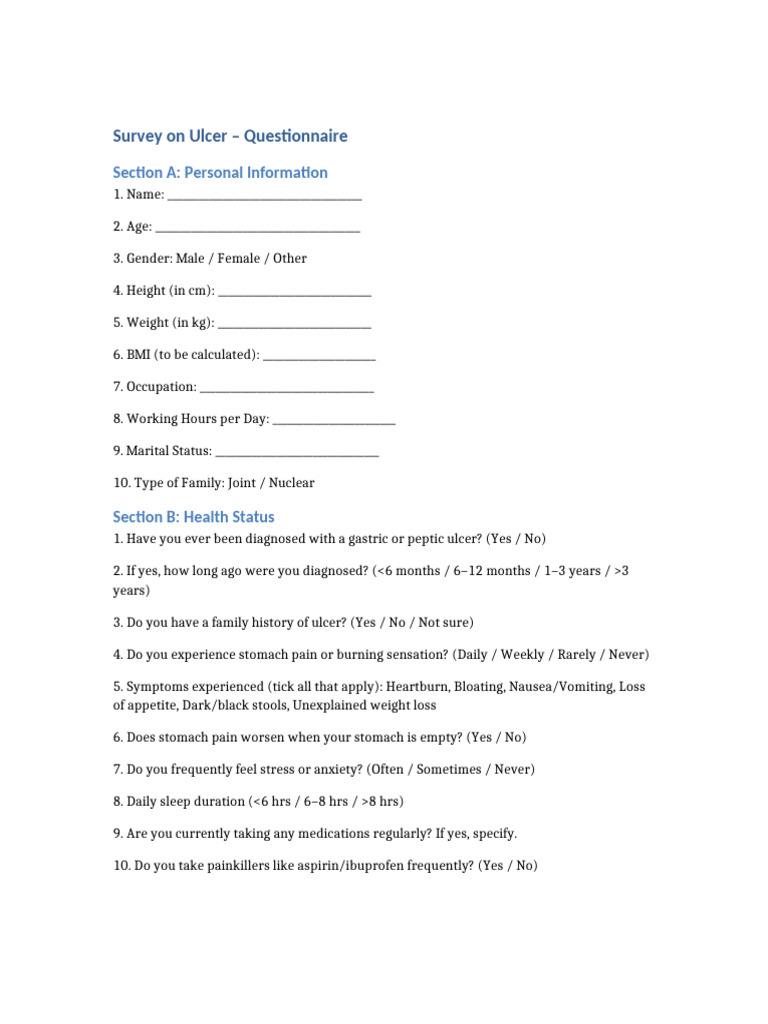 Ulcer Survey Questionnaire Template | PDF | Clinical Medicine | Medical ...