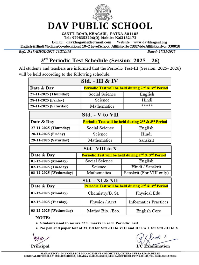 DAV Public School 2025-26 Test Schedule | PDF