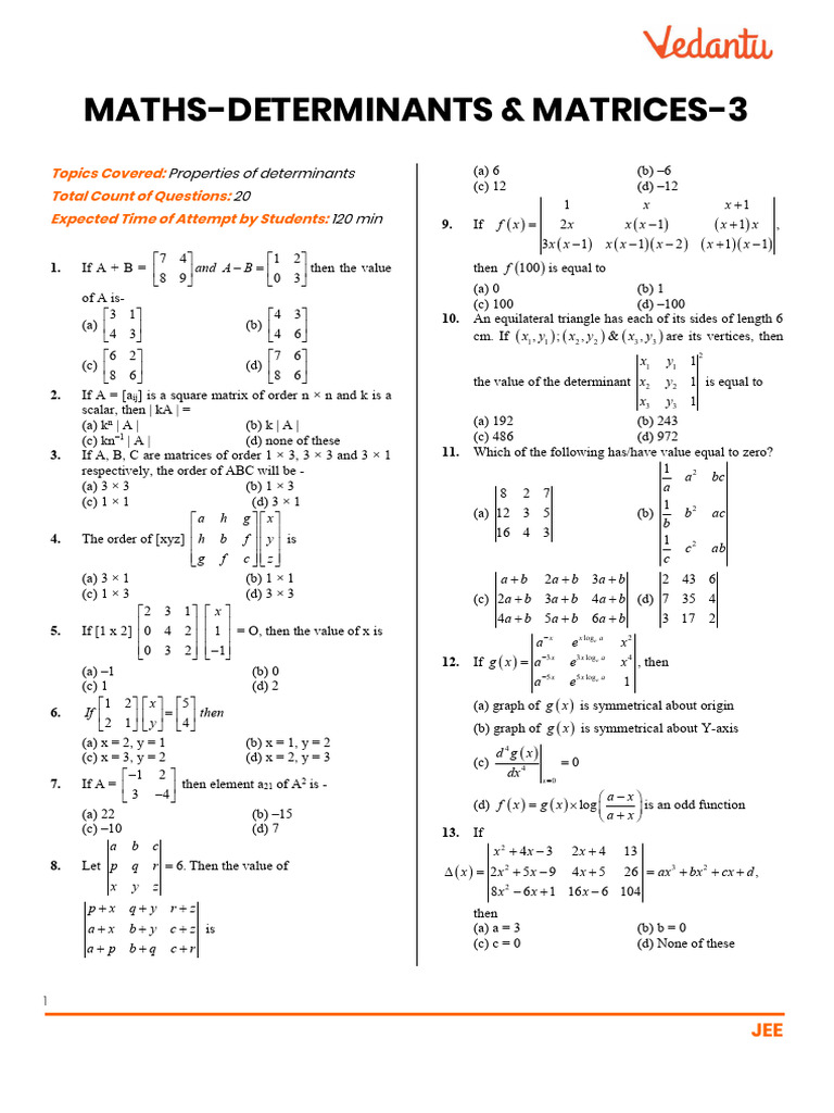 JEE Maths: Determinants & Matrices Quiz | PDF | Line (Geometry ...