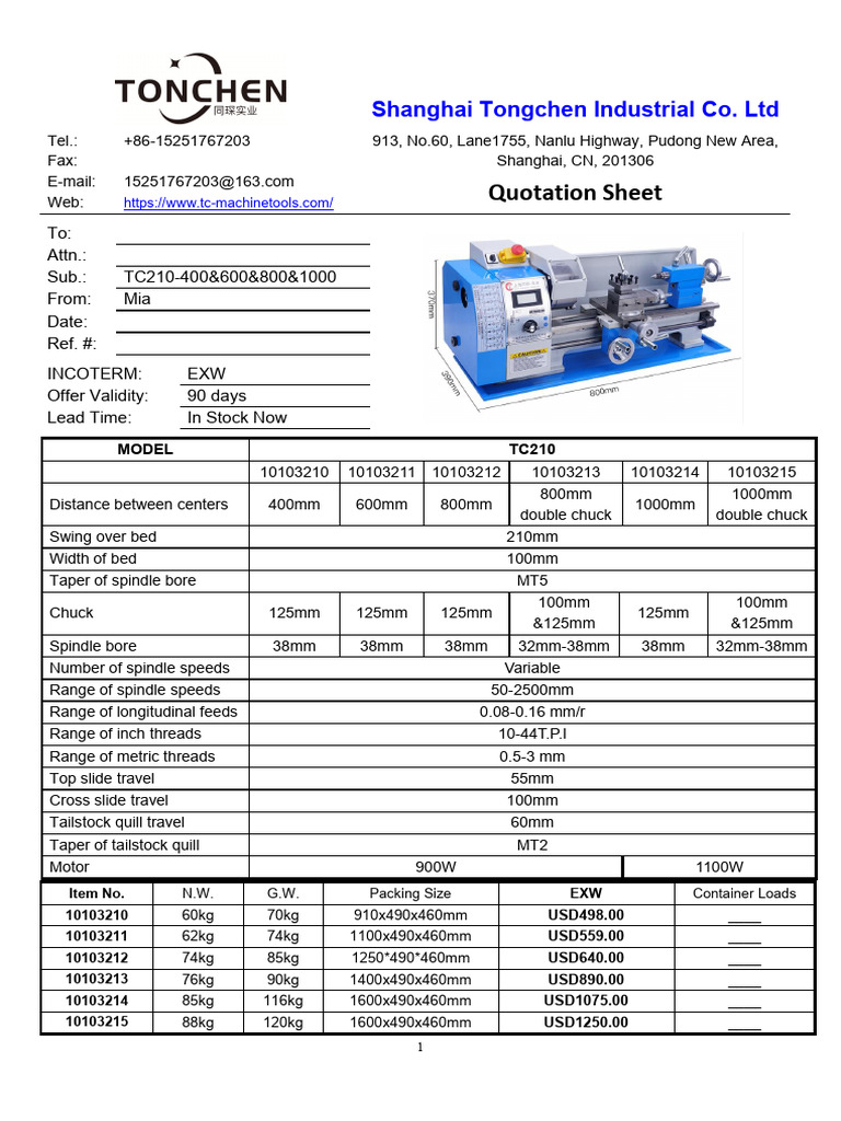 TC210 Lathe Machine Quotation Sheet | PDF | Mechanical Engineering ...
