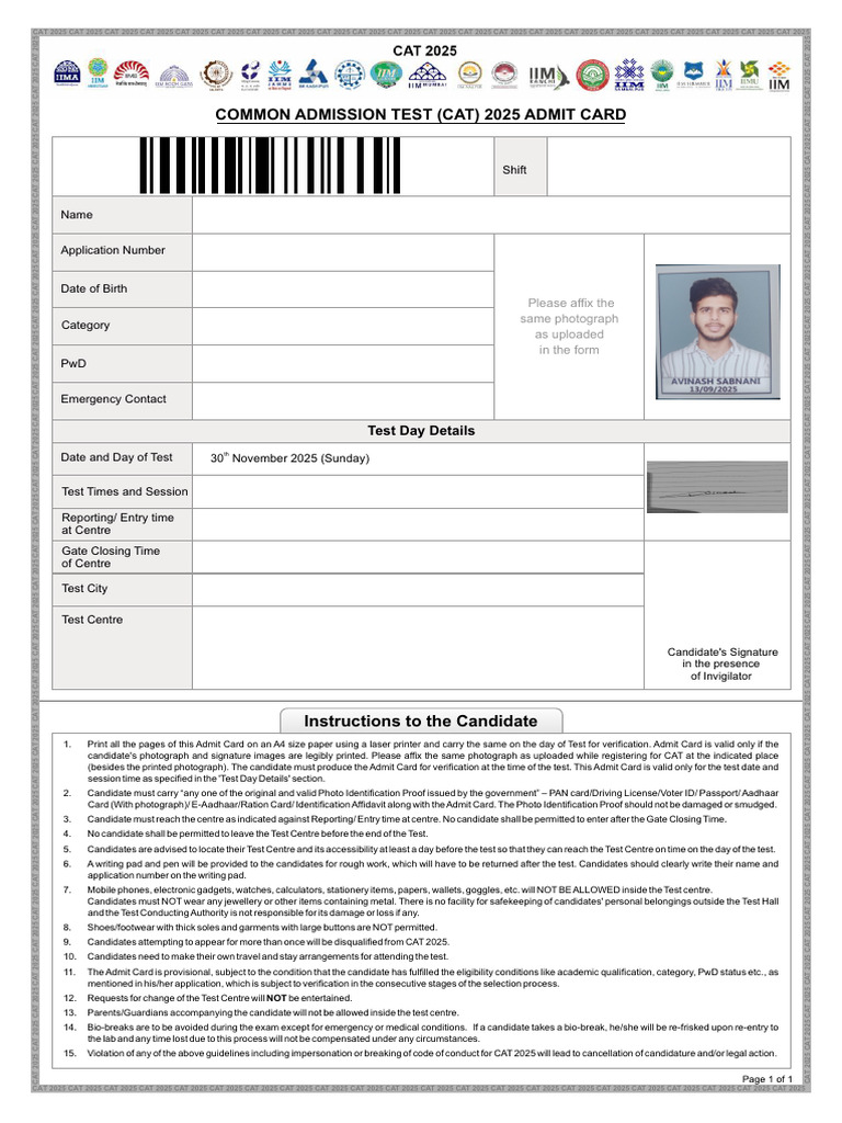 CAT 2025 Admit Card Instructions | PDF | Identity Document